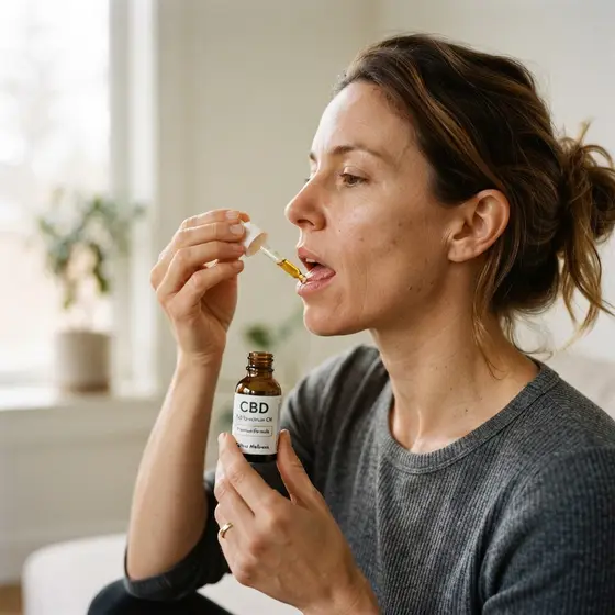Mulher utilizando óleo de cannabis medicinal